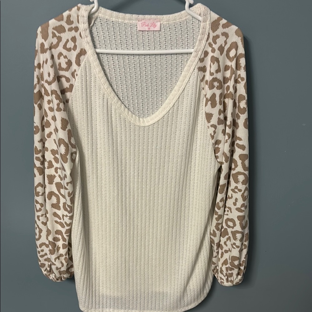Pink Lily Leopard Sleeve Knit Top